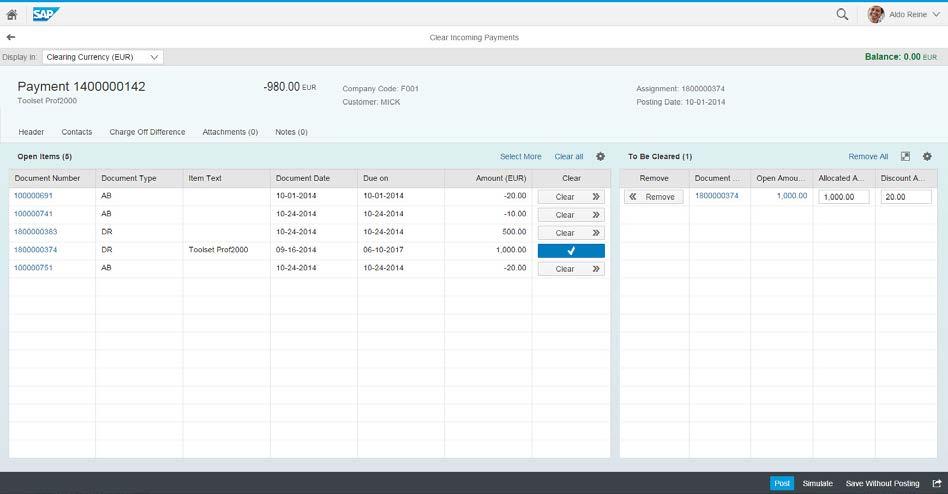 SAP Fiori for accounts receivable accountant Clear Incoming Payment With the transactional app Clear Incoming Payments, you can clear a receivable payment manually, such as an open incoming payment