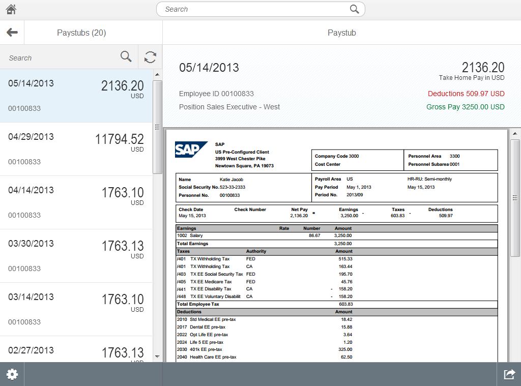 SAP Fiori for employee My Paystubs Enables employees to easily check, compare, and manage at any time through mobile devices or desktop a digital version of all payslips issued by the company for