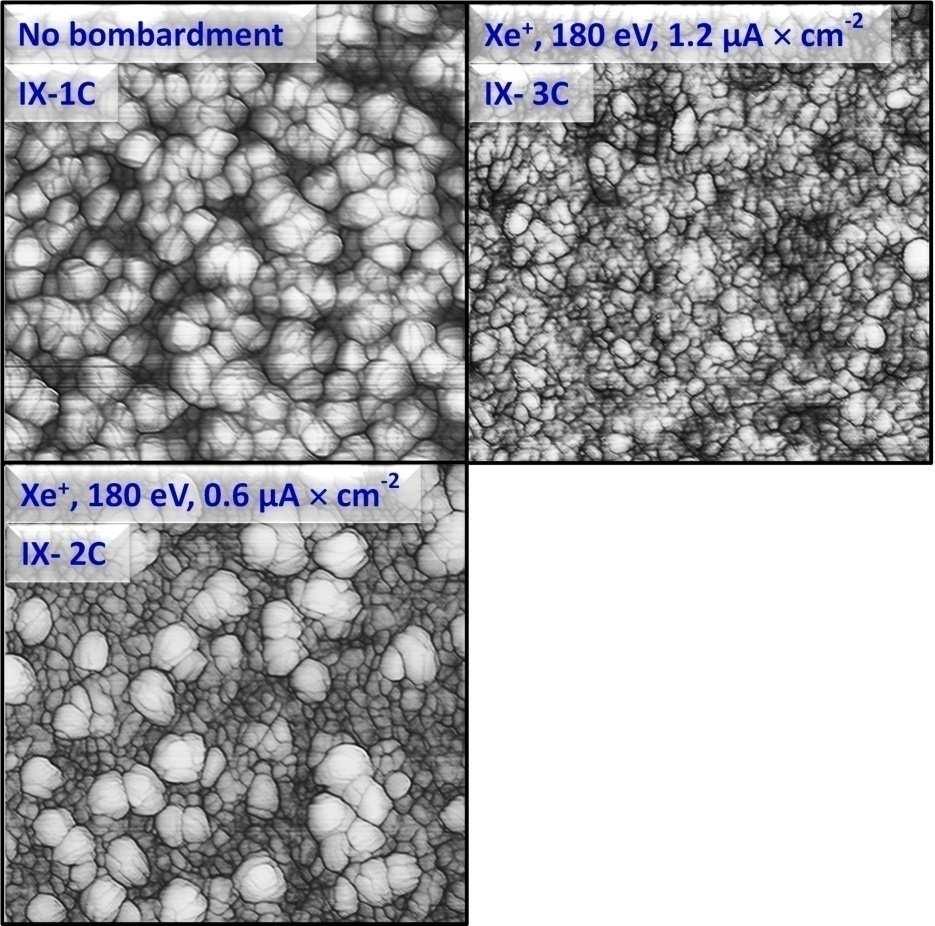 Chapter 5. The influence of energetic particles on the structure of reactively sputtered TiO2 thin films Figure 5.6: Surface topography of TiO 2 films bombarded with Xe + ions.