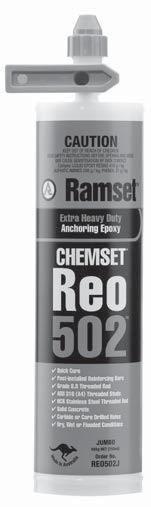 15.1 ChemSet Reo 502 CHEMICAL INJECTION ANCHORING AVAILABLE IN AUSTRALIA ONLY 15.1 GENERAL INFORMATION Product ChemSet Reo 502 is an extra heavy duty pure epoxy anchoring adhesive.