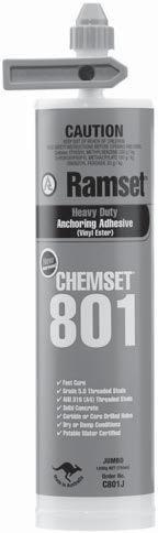 18.1 ChemSet 801 CHEMICAL INJECTION ANCHORING AVAILABLE IN AUSTRALIA ONLY 18.1 GENERAL INFORMATION Product ChemSet 801 is a heavy duty Vinyl Ester anchoring adhesive.