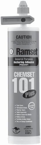 20.1 ChemSet 101 PLUS CHEMICAL INJECTION ANCHORING 20.1 GENERAL INFORMATION Product ChemSet Injection 101 PLUS is a marine grade polyester adhesive anchor.