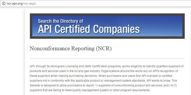 NCR Reporting For Monogrammed product and/or product manufactured under an APIQR