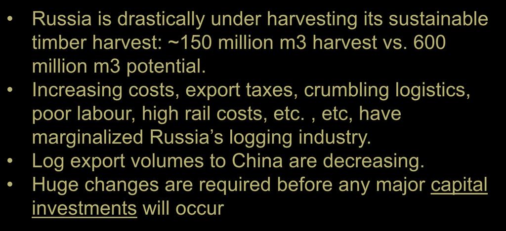 3C. RUSSIA: Timber Supply Issues = Big Impact on China Russia is drastically under harvesting its sustainable timber harvest: ~150 million m3 harvest vs. 600 million m3 potential.