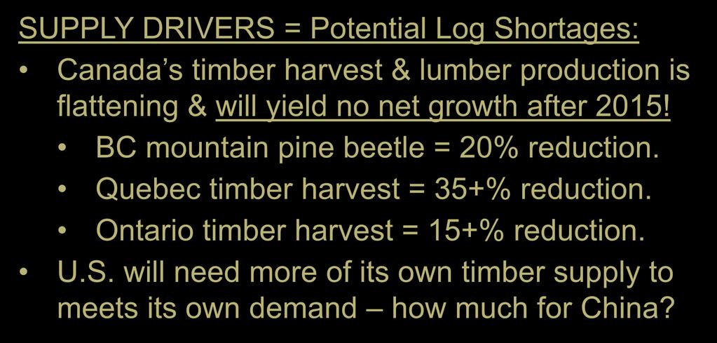 Key Global Drivers: Impacting USA SUPPLY DRIVERS = Potential Log Shortages: Canada s timber harvest & lumber production is flattening & will yield no net growth after 2015!