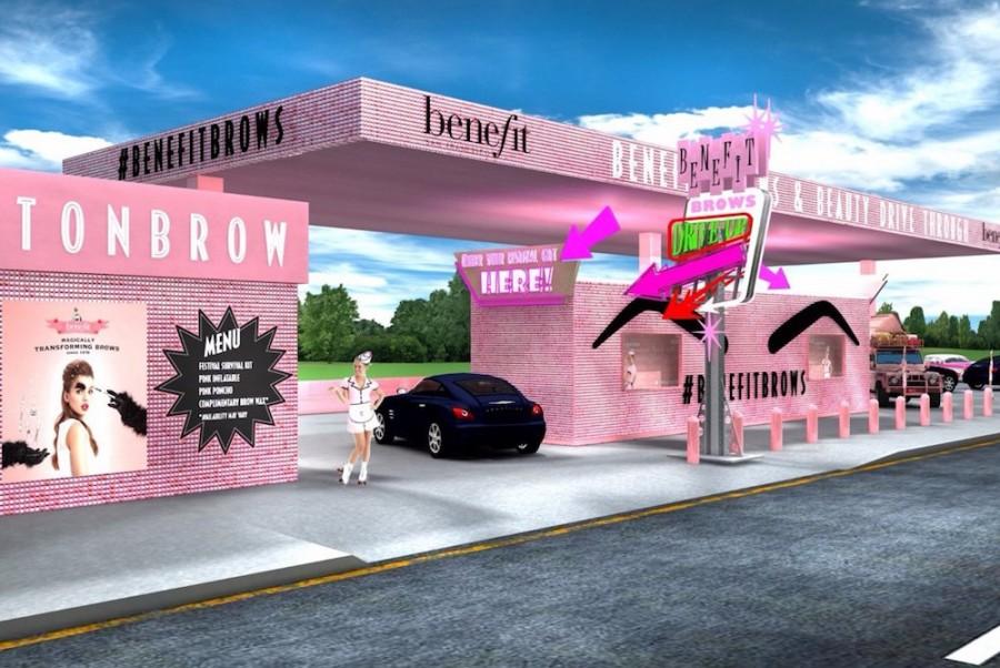 Benefit cosmetics is creating a drive-thru beauty bar to give away free samples at the Glastonbury music festival.