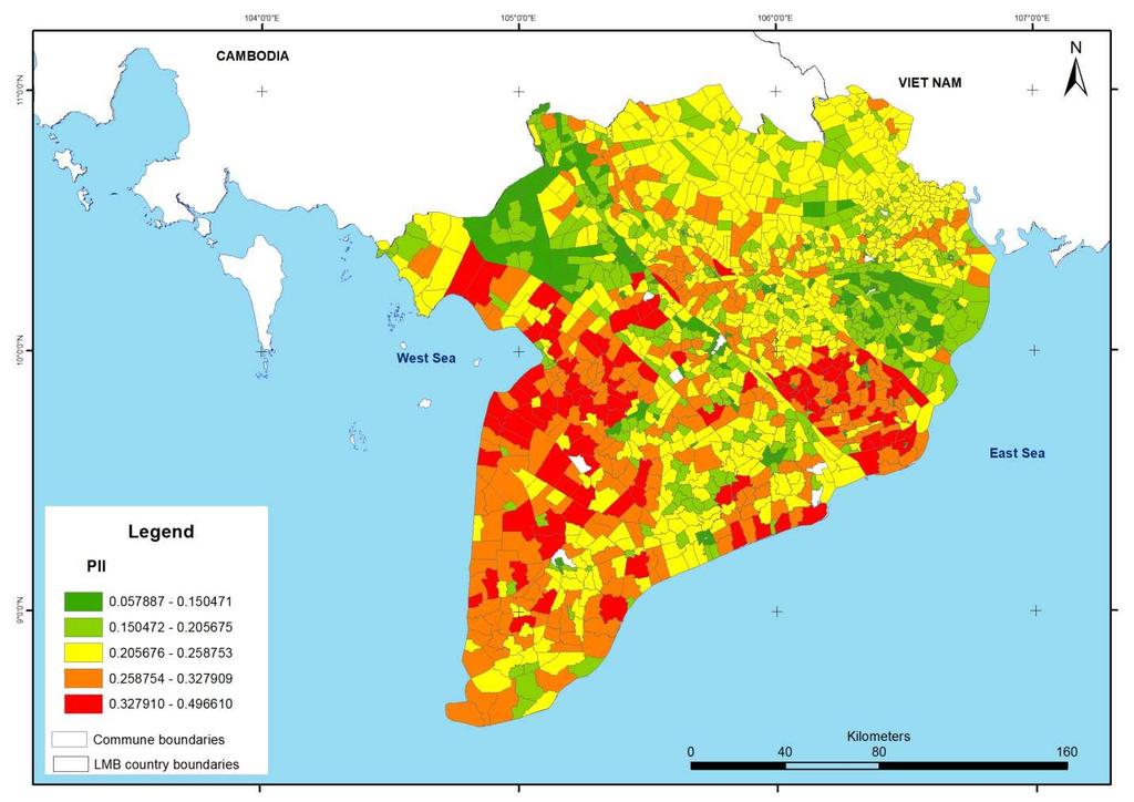 Fig. 3 Population affected by floods in Vietnam A. Potential impact index The result of PII for 1575 communes, within 130 districts and 13 provinces is shown as Figure 5.