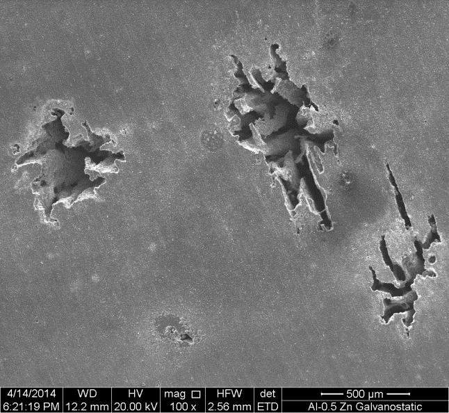 3 Wt% Zn showing Preferential Corrosion of the Interdendritic Regions after a Potentiostatic Test Figure 36: High Magnification Image Showing the