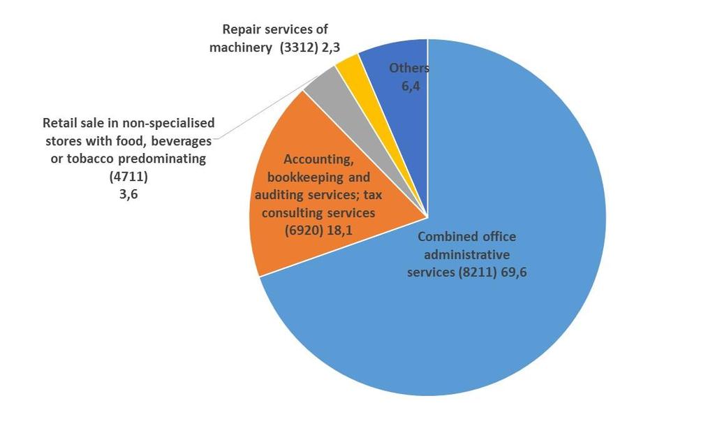 Above 13% of turnover was performed by sale of waste collection, treatment and disposal services (ISIC 3811) and above 11% by sale of retail trade services in non-specialized stores