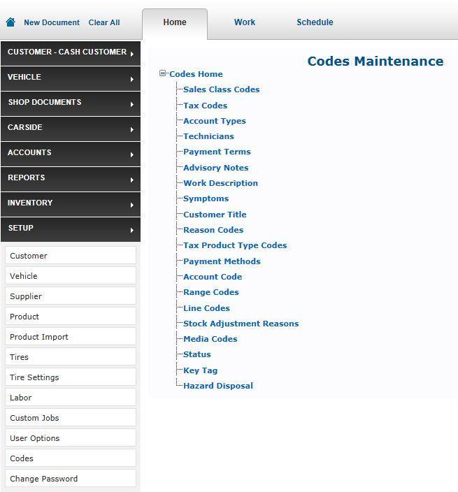 Codes Maintenance All codes for ALLDATA Manage Online are managed by selecting Setup >> Codes Maintenance.