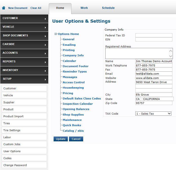 User Options Setup Company Info. To begin using ALLDATA Manage Online select Setup >> User Options >> Company Info.
