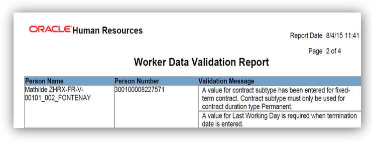 Worker Data Validation Report Showing Results for the New Validations Run the Worker Data Validation Report from the Payroll Checklist work area.