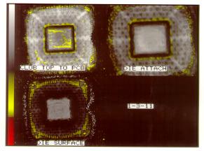 glob top to substrate and die attach layer after extreme reliability test. Figure 7 is a typical C-SAM picture of GT-A cured by VFM before (left) and after (right) 1,57 cycles of temperature cycling.