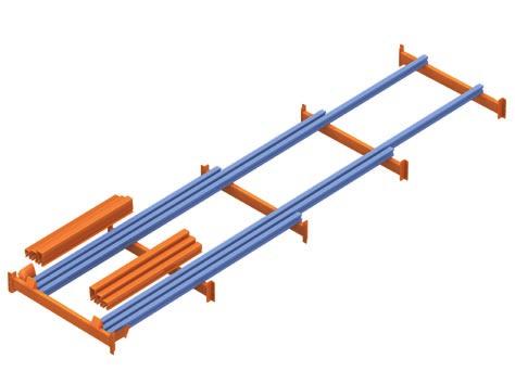 Assembly for three pallets deep This system incorporates four rails and four trolleys (two of the rails are shorter than the others.