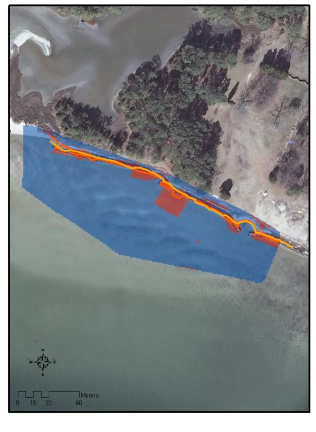 East Living Shoreline Site September 21-May211 May 211-October 211 Zero Contours September 21 May 211 October 211 Cut and Fill VOLUME Deposition No Change Erosion The two rasters in the figure above