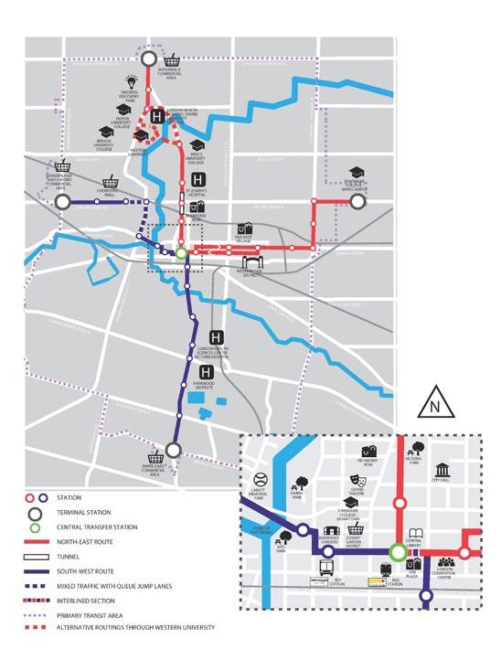Exhibit 1-1: Rapid Transit Corridors Note: This network is based on a preferred routing through the Western University Campus.