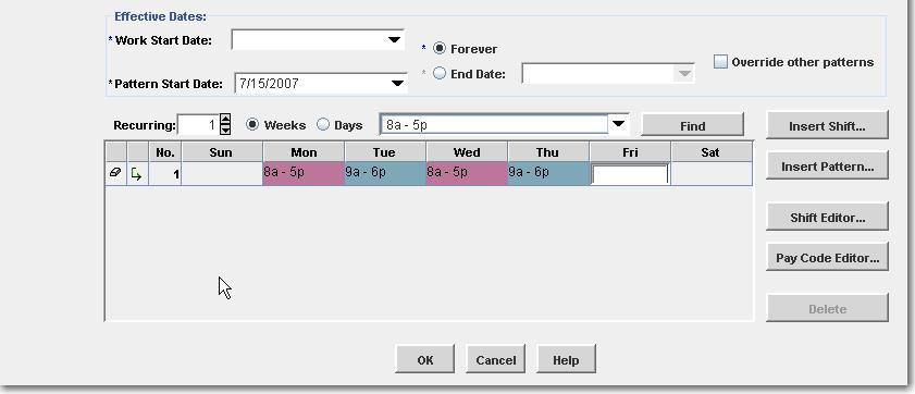 Setting Up a Unique Schedule Pattern If the shift hours worked by the employee is not one of the pre-set patterns available in the Pattern Editor, you must type in the desired hours. 1.