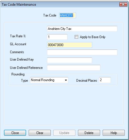 Purchasing Control User Guide - 22 of 96 3.8 Tax Code Data This window is accessed through the Activity, Purchasing Data, Tax Codes menus. It is used to enter tax codes to be assigned to vouchers.