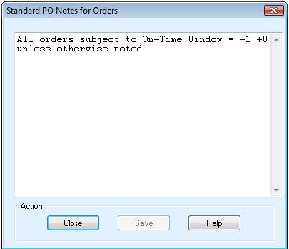 Purchasing Control User Guide - 24 of 96 3.10 Standard PO Notes for Orders To create standard PO Notes for all purchase orders, select Activity > Purchasing Data > Standard Notes > Orders.