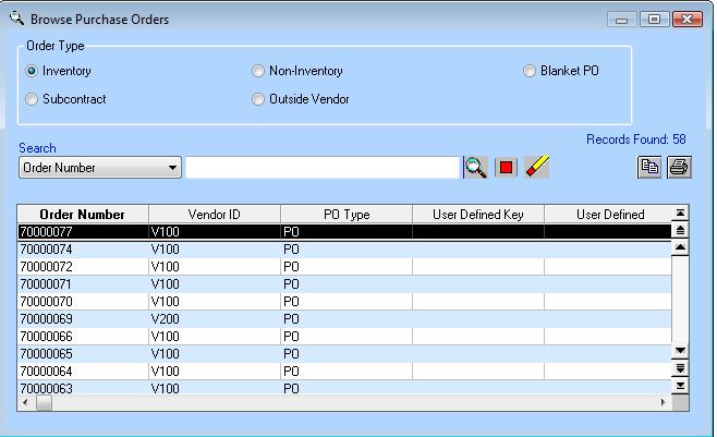 Purchasing Control User Guide - 42 of 96 6.1 Browse Purchase Orders To open existing purchase orders, double-click the Order Number field. The Purchase Orders browser displays.