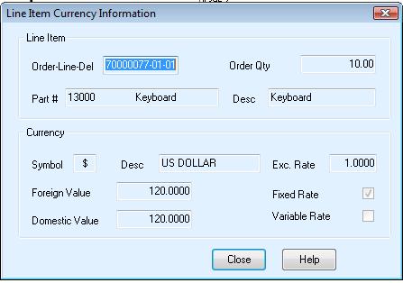 Purchasing Control User Guide - 50 of 96 6.10 Line Item Currency Information With the cursor on a line item for a purchase order, choose Multi-Currency from the PO menu (if you own Multi-Currency).