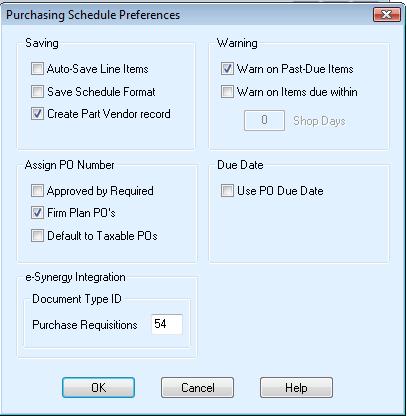 Purchasing Control User Guide - 62 of 96 7.2 Purchasing Schedule Preferences With the Purchasing Schedule active, choose Preferences from the Options menu. Auto Save Line Items: another line item.