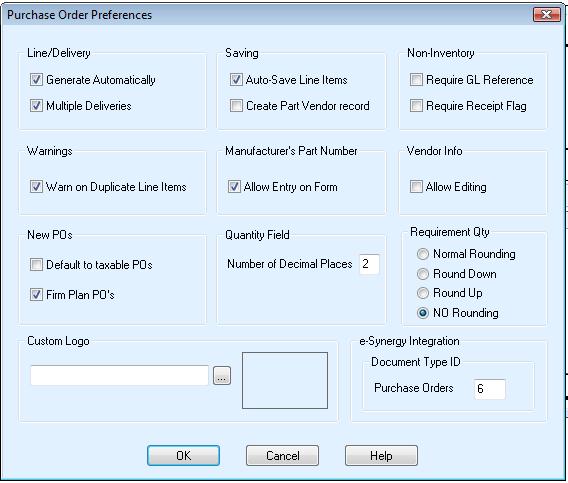 Purchasing Control User Guide - 79 of 96 9. Accounting 9.1 Purchase Order Preferences With a purchase order form active, select the Options menu and choose Preferences.