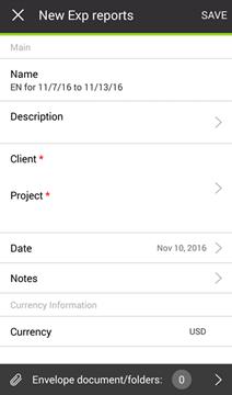 Create an Expense Report and Add Receipts 18 Note: If the One project per expense report switch is enabled for your account, you will also see Client and Project lines. 2.