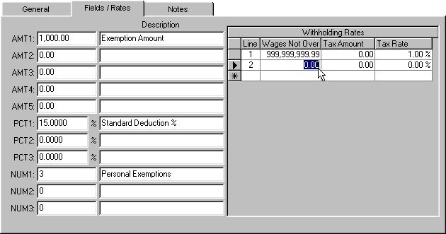 Pay Codes Setup a Local Tax 11. If Withholding Rates will be used in the equation, set up the Withholding Rates grid. Click the row with the asterisk to add a rate to the Withholding Rates Table.