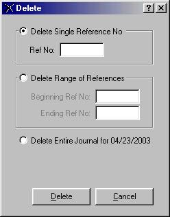 Enter the first number in the range and the last number in the range. Click Delete Entire Journal for MM/DD/YY. Enter the date. 8. Click the Delete button.
