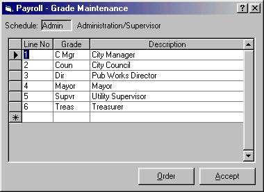 Setup Wage Schedule Wage Schedule Click a row and type in the Line No., Grade, and Description. Click an item from the list, and then click the Up or Down arrow.