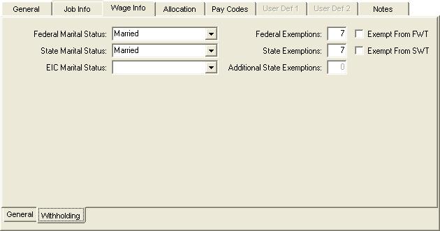 Employees Employee Records Exemptions Set the employee s Federal, State, and EIC (Earned Income Credit) marital status and exemptions. FIGURE 6. Setting up Employee Exemptions. 29.