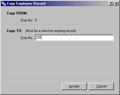 Copying Non-Specific Employee Information To copy an employee s file 1. Open Maintenance Employee. 2. In the Lookup bar, enter the employee number to copy information from.
