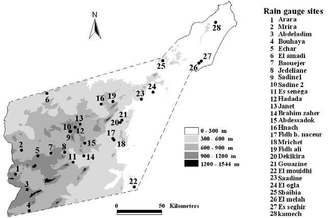 Observed Network -28 experimental catchments along the Tunisian Dorsal range - Automatic rain gauge network was set up by the