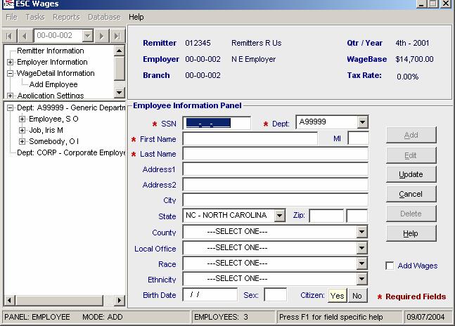 Figure 2-15 To enter employee data, click Add. Key the Employee SSN, Employee First Name, Employee Middle Initial (if available) and Employee Last Name.