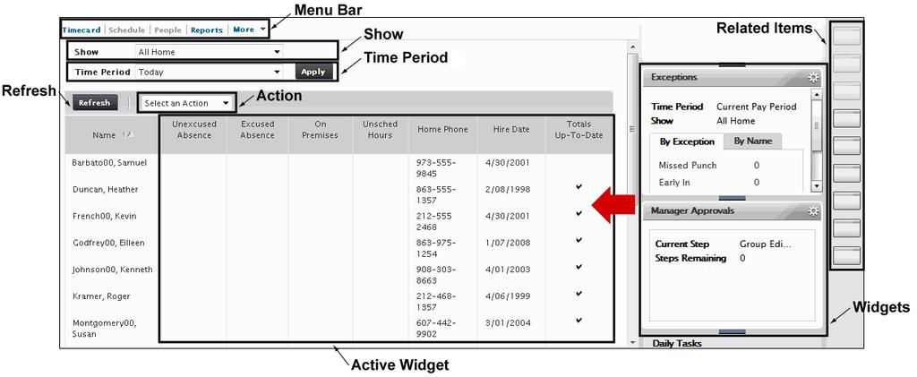 The following illustration displays the bottom portion of the Manage Timecards workspace.