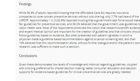 Knowledge of and Attitudes Toward Evidence-Based Guidelines for and Against Clinical Preventive Services: Results from a