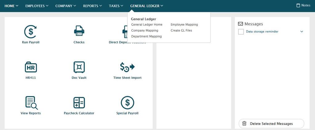 Enter the company mapping information. Figure 2. General Ledger Home Page 3. Select an account for the selected payroll item.