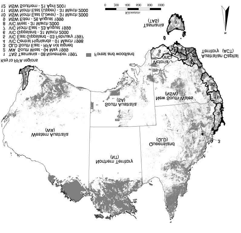 Austrlin forests nd woodlnds nd regions with signed Regionl Forest Agreements (source Ntionl Forest Inventory, August 2001).