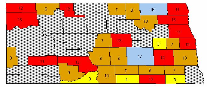 Figure 13. Numbers of individual JAS sites across ND counties during the 2001-2003 study period. From 2001-2003, JAS average cropland values increased from $455 to $489 per acre (3.7% per year).