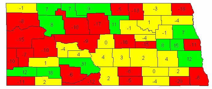 pattern. An exception to this would be the west-central part of the state which contains many counties with JAS-based cropland values lower than NDLVS values.