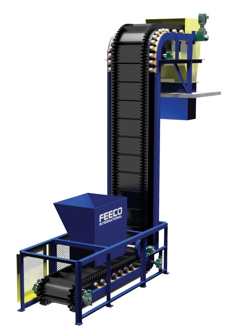 FEECO steep incline conveyors are designed to transport bulk materials at inclines ranging from 18º to 90º, while still maintaining the feed and discharge properties of a standard belt conveyor.