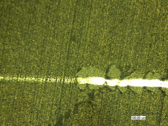 Spot1 Figure 3. Acoustic emission (AE) and tangential force (Ft) vs. normal load (Fn) for a maximum load of 10 N. After testing, the scratched groove was observed in the digital microscope at 500X.