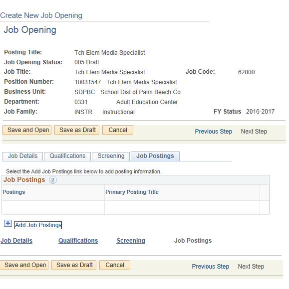 Once the Job Opening page displays, locate and select