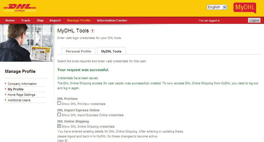 screen. 1. Enable your saved details and start using MyDHL now, log out. 2. And then login again.