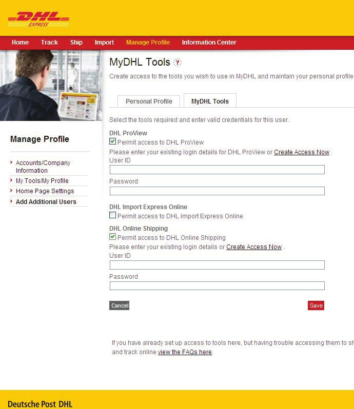 Manage Multiple Users 16 ADDITIONAL USERS (continued) Using Primary Account 1. Click MyDHL Tools tab. 2. Check the boxes next to the tools for which you would like to grant access.