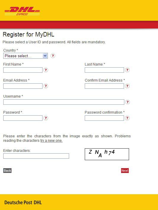 Provide your email address and enter it a second time to ensure we have the correct information. 5. Create a user name to log into MyDHL.