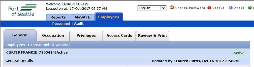 PROCESSING A LOST/STOLEN BADGE Click the Access Cards tab, to access card status