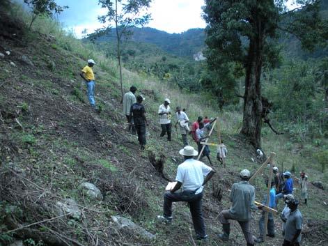 On the left farmers are learning to use an A-frame level to determine the contour on steep slopes.