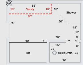 Nuheat Mat Measuring Instructions 88 Vanity 65 Shower 3. Draw the location of all cabinets and vanities, including dimensions. 75 20 60 Tub 7 30 5 5 5 25 5 38 Toilet Drain 38 40 30 a.